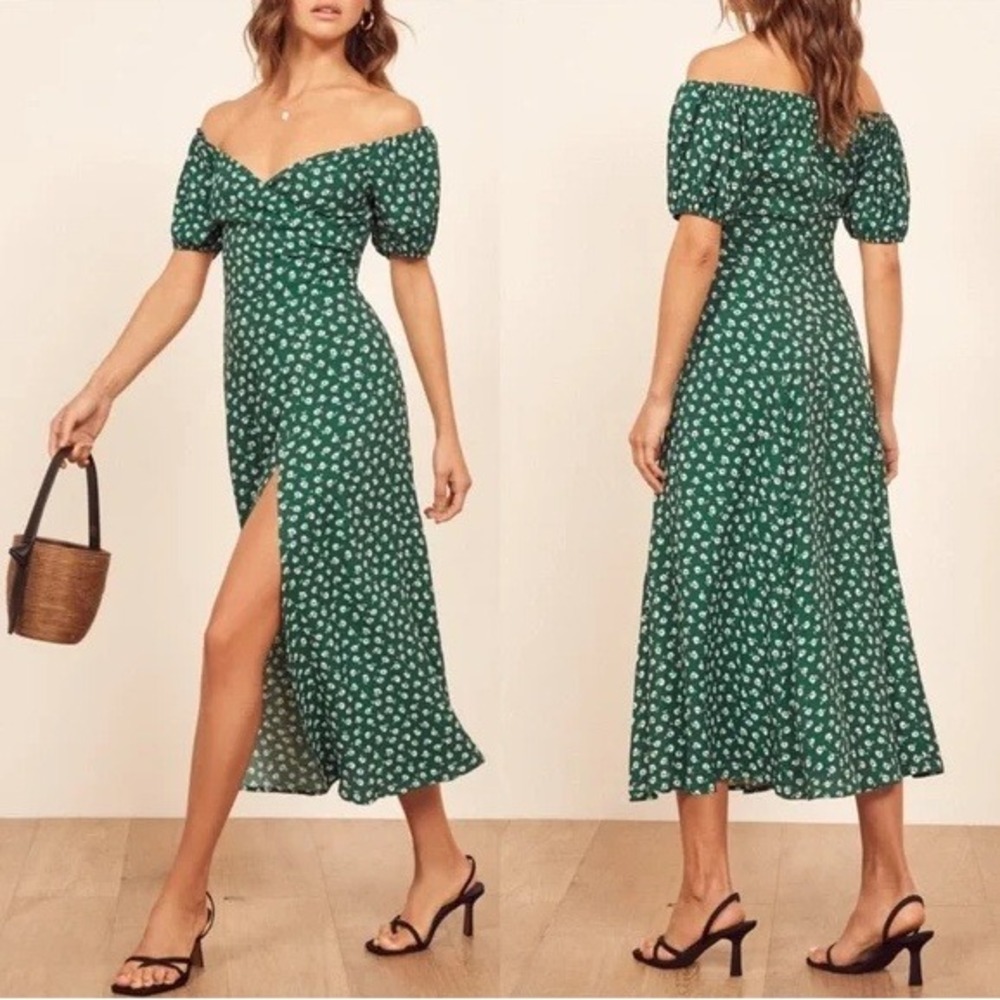Reformation Pearl Chive Green Floral Off Shoulder Puff Sleeve Midi Dress Slit 0